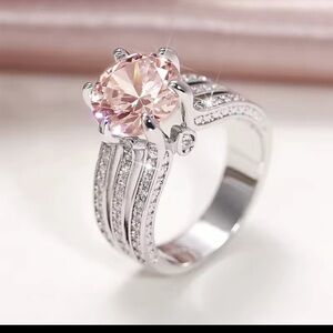 Private Label Pink Solitaire Halo Ring in Silver-Tone